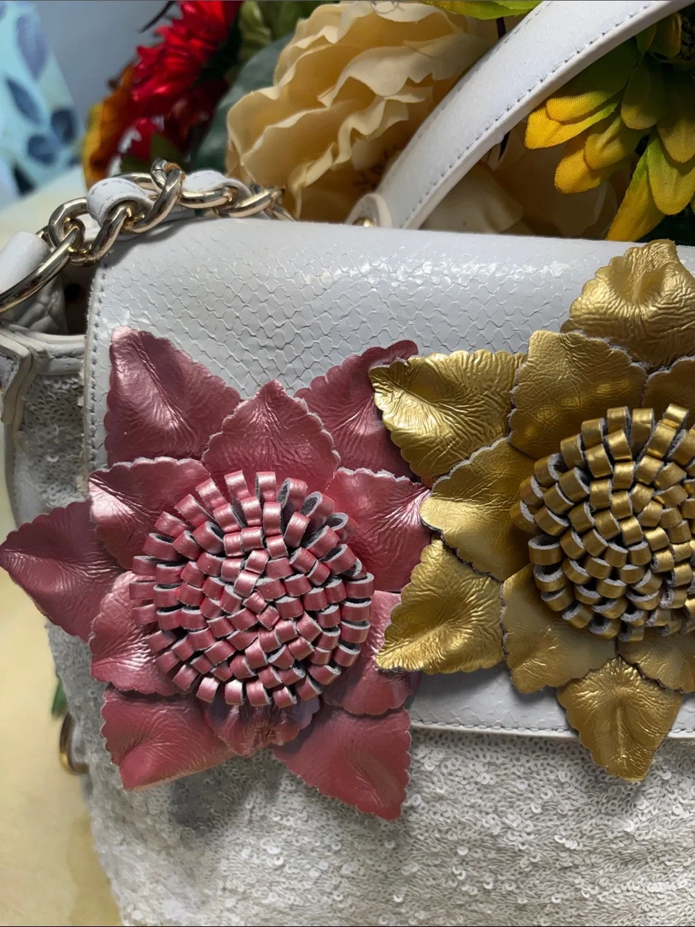 Sharif White Satchel with Pink, Gold and Red Floral Accents